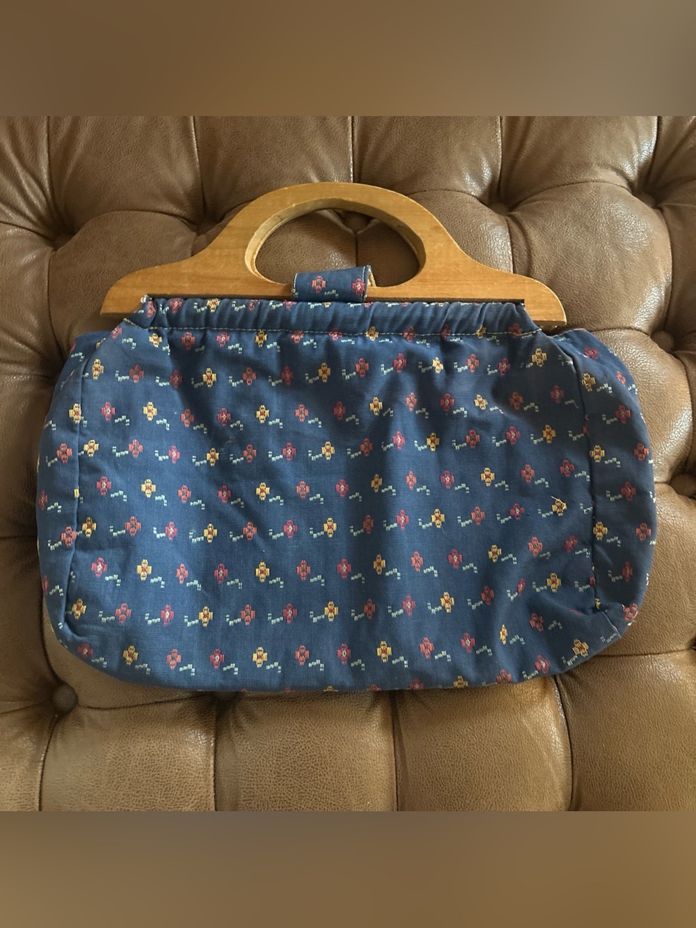 Classic Navy Floral Tote Bag with Wooden Handles Handmade Vintage - Picture 5 of 8